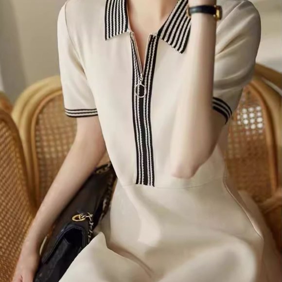 New Women Lady Cream White French Classic Polo collar knitted Dress Skirt - Picture 6 of 7